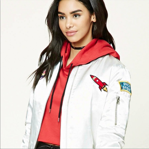 Forever 21 Satin Space Bomber Jacket with Patches - Picture 3 of 4